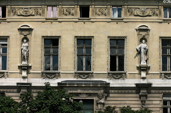 Facade of Tribunal Judiciaire section of Palais de Justice. Paris, France.