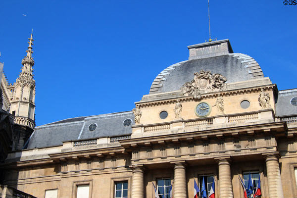 Square dome of Palais de Justice (1781-7) with spire of St Chapelle. Paris, France.
