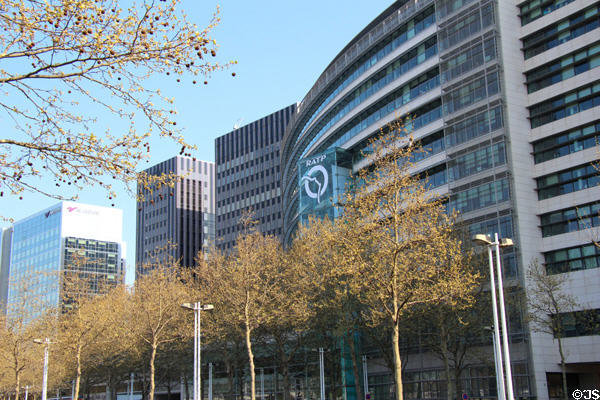 Modern office buildings along Quai de Rapée on Seine near Gare de Lyon. Paris, France.