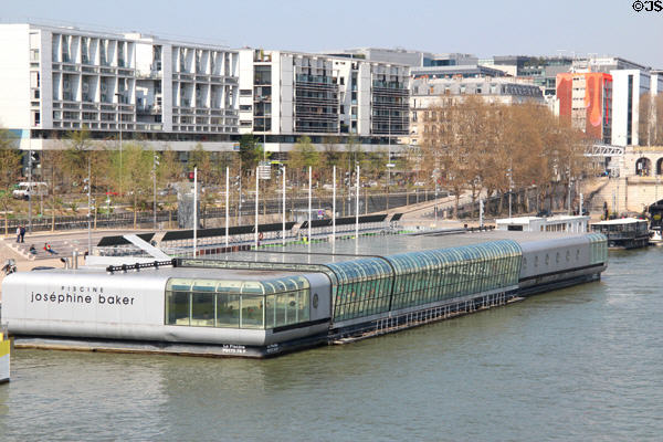 Josephine Baker swimming pool floating on River Seine near National Library. Paris, France.