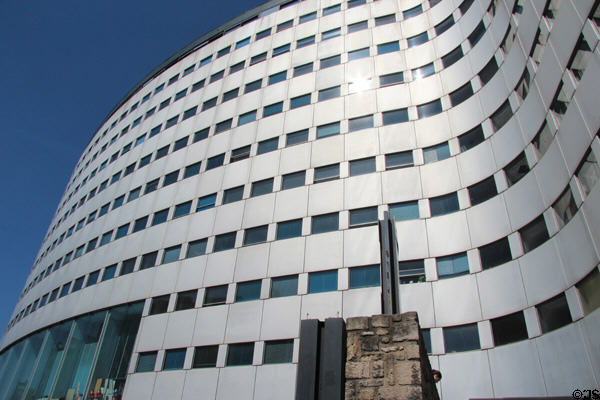 Curved section of facade of Radio France headquarters. Paris, France.