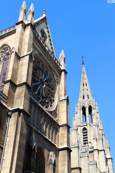 Rose window & spire at St Clotilde Basilica. Paris, France.