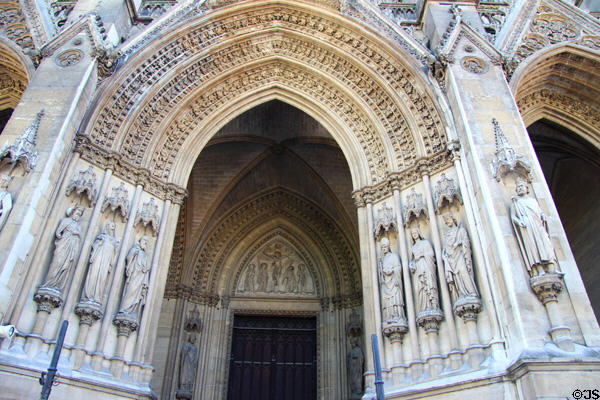 Gothic portal at St Clotilde Basilica. Paris, France.