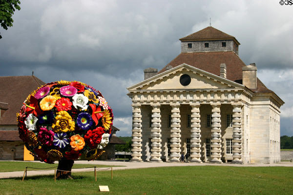 Saline Royale director's house & Flower Tree sculpture by Choi Jeong Hwa. Arc-et-Senans, France.