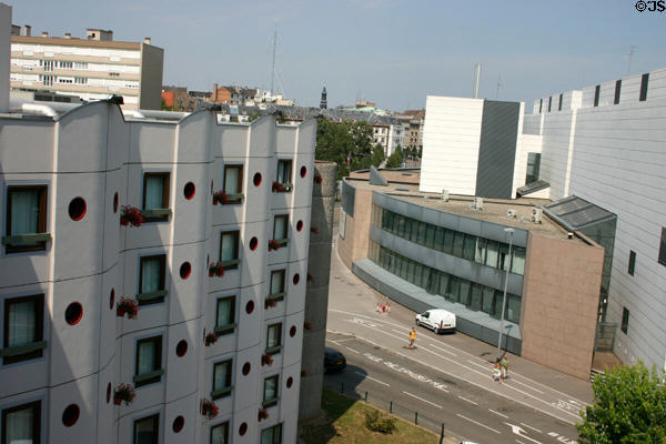 Museum of Modern Art & hotel in redeveloped section of town along L'Ill River canal. Strasbourg, France.