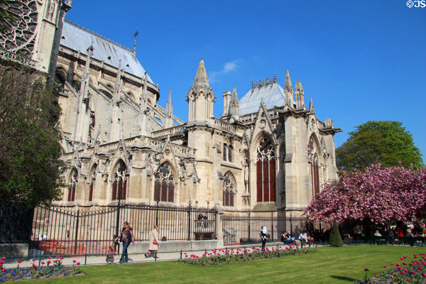 Gothic rear structure of Notre Dame Cathedral with flying buttresses. Paris, France.