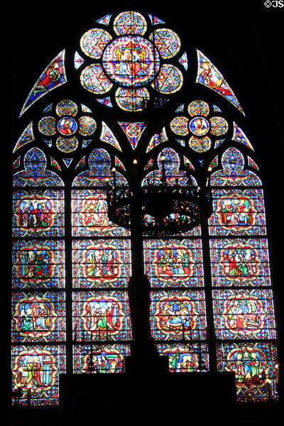 Life of Virgin stained glass window in Notre Dame Cathedral. Paris, France.