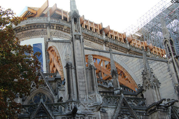 Notre Dame Cathedral flying buttresses being supported by wooden arches after fire of 2019. Paris, France.