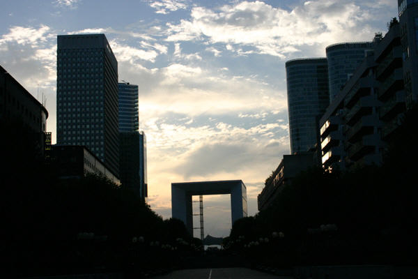 La Défense with La Grande Arche at dusk. Paris, France.