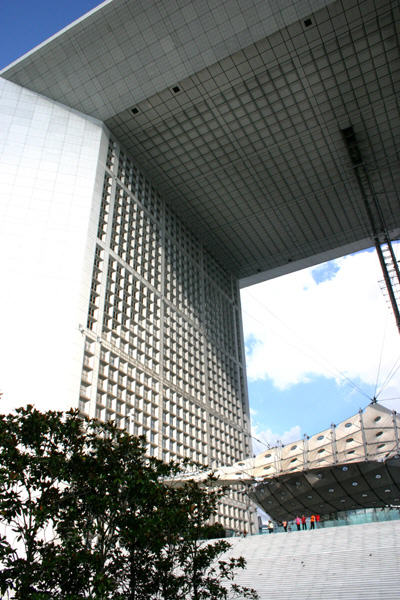 La Grande Arche with wall of windows in center at La Défense. Paris, France.