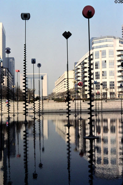 Signaux sculpture (1991) by Panayotis Vassilakis (aka Takis) at La Grande Arche at La Défense. Paris, France.
