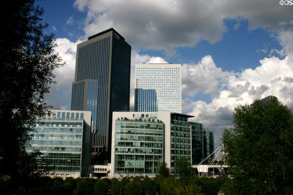Black Adria (2002) & white Egée (1999) towers over low-rise residences at La Défense. Paris, France.