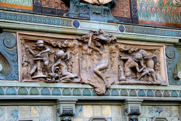 Detail of Art Nouveau figure with children on Sevres Arch (1900) at St-Germain-des-Prés. Paris, France.