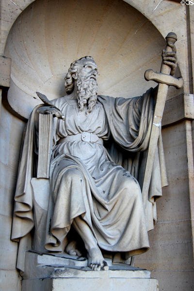St Sulpice statue in niche of west portal at St-Sulpice church. Paris, France.