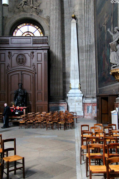 Gnomon obelisk plus brass line on floor at St-Sulpice church. Paris, France.
