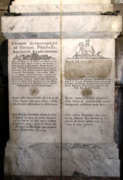 Inscription on base of Gnomon obelisk at St-Sulpice church. Paris, France.