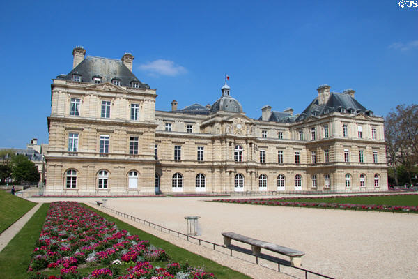 Flower beds before Luxembourg Palace in Luxembourg Gardens. Paris, France.