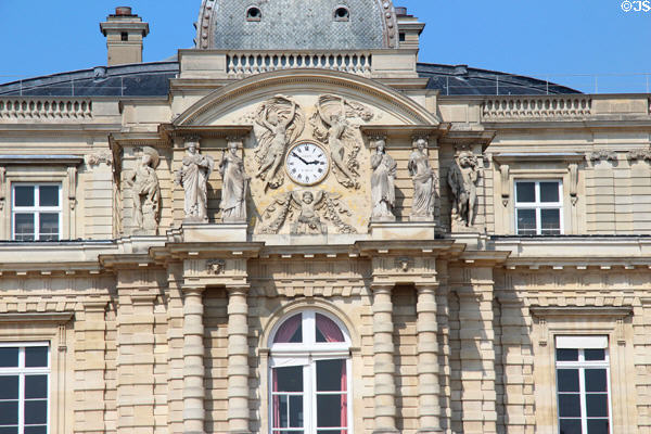 Detail of carvings on pediment of Luxembourg Palace. Paris, France.