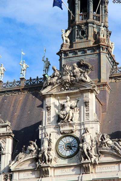 Central groups of neo-classical sculptures on Paris City Hall. Paris, France.