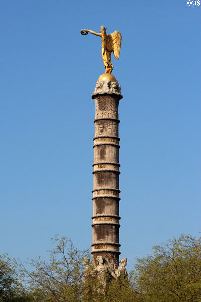 Bands around column of Fontaine du Palmier list Napoleon's victories: Friedland (1807), Jena (1806), Austerlitz (1805), Mont-Tabor (1799) & Arcole (1796) at Place du Châtelet. Paris, France.
