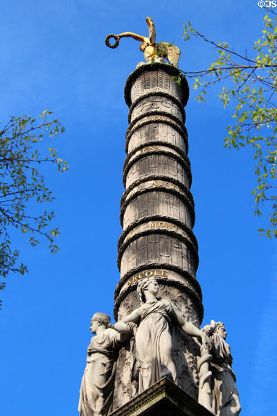 Bands around column of Fontaine du Palmier list Napoleon's victories: Friedland (1807), Jena (1806), Austerlitz (1805), Mont-Tabor (1799) & Arcole (1796) at Place du Châtelet. Paris, France.
