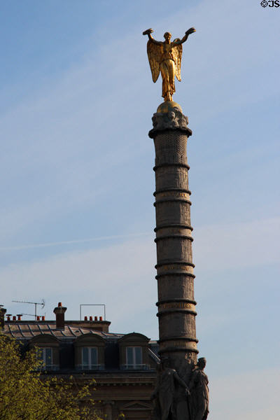 Bands around column of Fontaine du Palmier list Napoleon's victories: Danzig (1807), Ulm (1805), Marengo (1800), Pyramids (1798) & Lodi (1796) at Place du Châtelet. Paris, France.