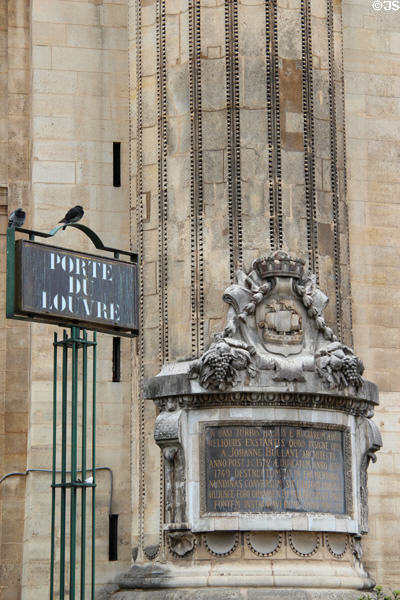 Historic plaque on base of Catherine de Medici's tower probably used for astrological observations at La Bourse. Paris, France.