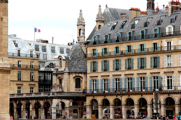 Temple protestant de l'Oratoire du Louvre sits surrounded by buildings on rue Rivoli opposite Louvre Palace. Paris, France.