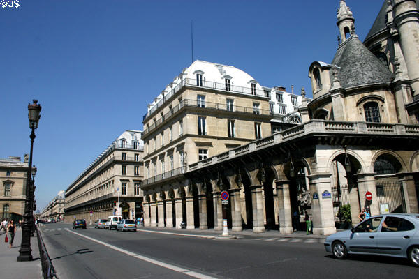 Streetscape of rue Rivoli from Temple protestant de l'Oratoire du Louvre. Paris, France.