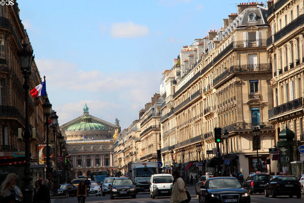 Opéra Garnier at end of streetscape of Avenue de l'Opéra. Paris, France.
