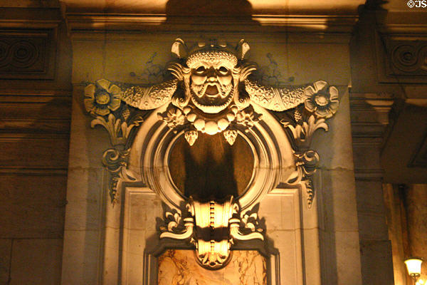 Greek-style theater mask in Opéra Garnier. Paris, France.