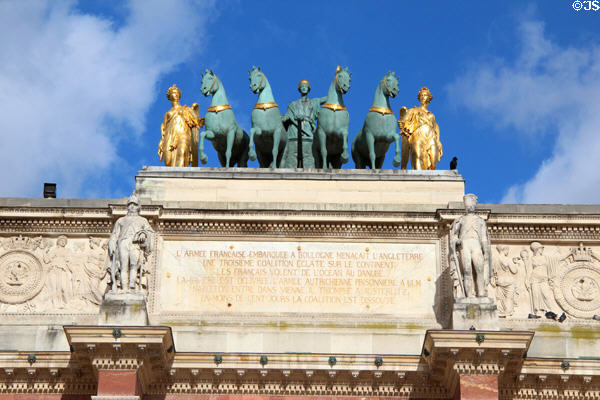 Horses of Saint Mark statue replacements (1828) by Baron Francois Joseph Bosio atop Arc du Triomphe du Carrousel made after Venetian originals taken by Napoleon were returned to Venice. Paris, France.