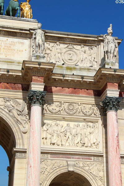 Upper details with arms of Italy flanked by horse grenadier & sapper on Arc du Triomphe du Carrousel. Paris, France.