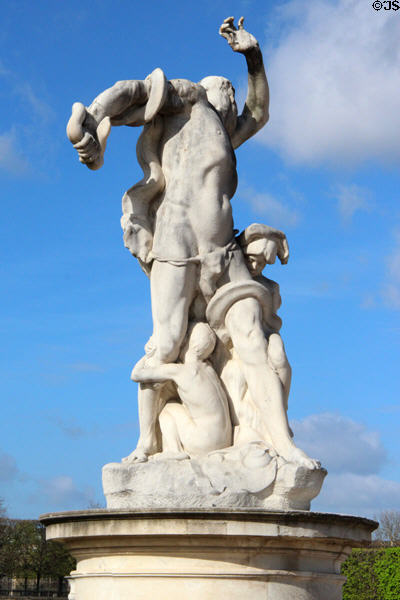 Man and his Misery marble sculpture (1907) by Jean Baptiste Hugues in Tuileries Garden. Paris, France.