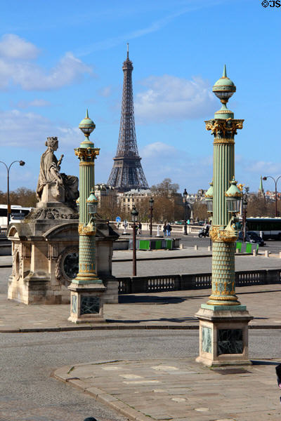 Marseille statue by Pierre Petitot with Eiffel Tower beyond at Place de la Concorde. Paris, France.