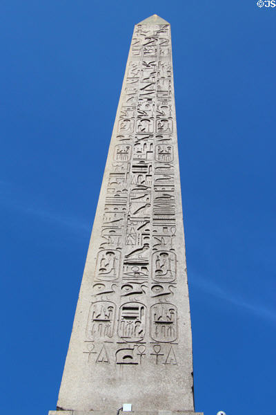Hieroglyphics exalting reign of pharaoh Ramesses II (1279-1213 BCE) on Luxor Obelisk at Place de la Concorde. Paris, France.