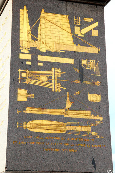Diagram of how Luxor Obelisk was taken down in Egypt & moved by ship to France etched on stone plinth supporting this ancient Egyptian monument at Place de la Concorde. Paris, France.
