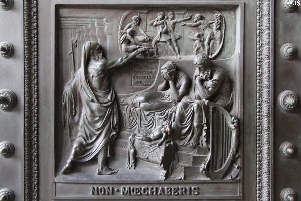Detailed panel from Ten commandment bronze doors of Église de la Madeleine. Paris, France.
