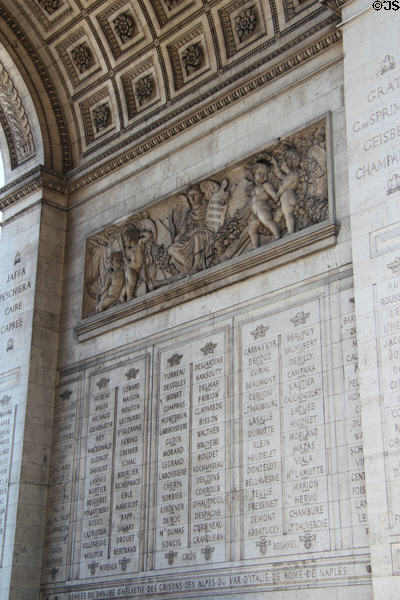 Engraved names of military leaders of French Revolution & Empire at Arc du Triomphe. Paris, France.