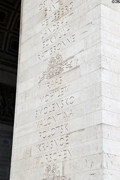 List of French victories engraved on Arc du Triomphe. Paris, France.
