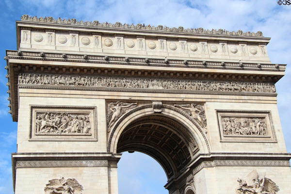Upper level artwork on Arc du Triomphe. Paris, France.