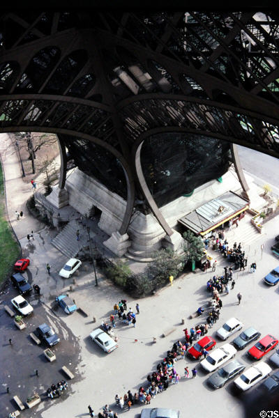 View down from Eiffel Tower in days when parking below was still permitted. Paris, France.