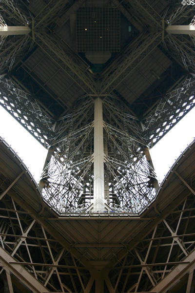 View up to platform of Eiffel Tower. Paris, France.
