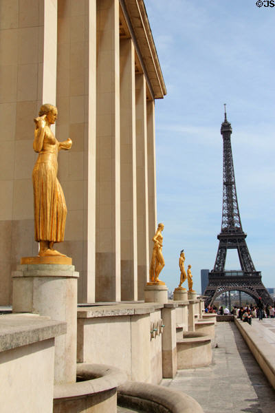 Line of Art Deco sculptures (1937) along esplanade of Palais de Chaillot. Paris, France.