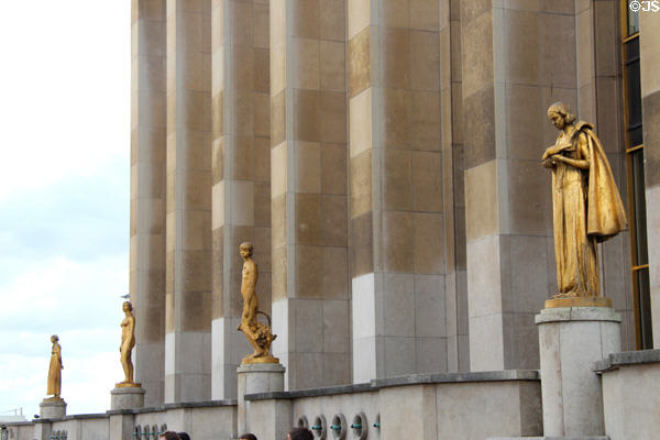 Line of Art Deco sculptures (1937) along esplanade of Palais de Chaillot. Paris, France.