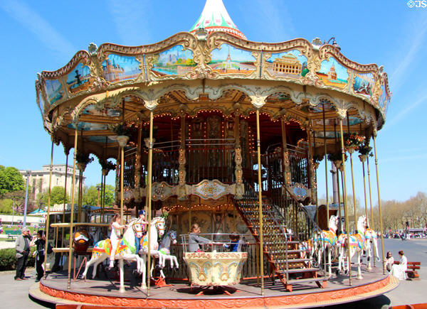Stairs up to second level of Trocadero Carrousel. Paris, France.