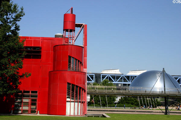 DUUU Radio / Folie N4 (Observatoire) with La Géode beyond at Parc de la Villette. Paris, France.