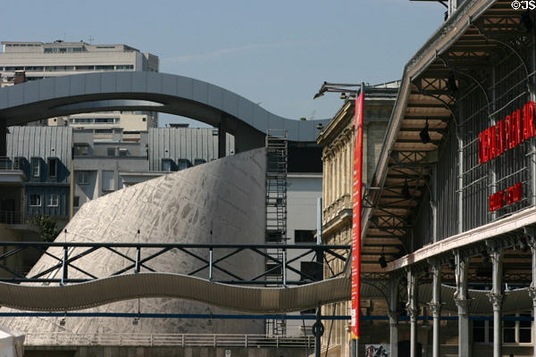 Théâtre Paris-Villette & Great Hall with sculpted structures at Parc de la Villette. Paris, France.