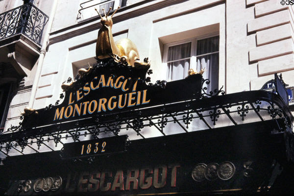 Escargot restaurant with sculpted snail. Paris, France.