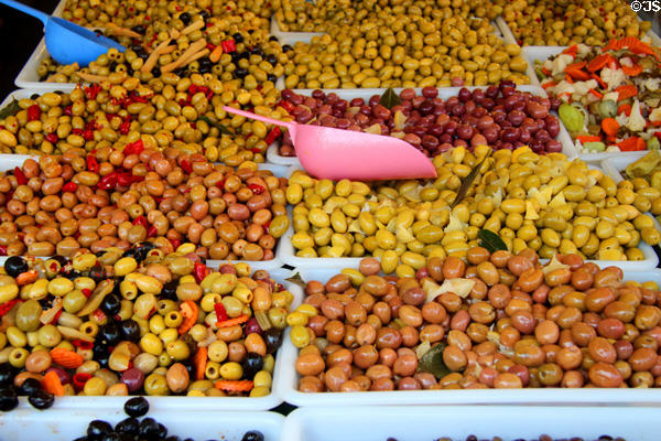Olive varieties in Paris shop. Paris, France.